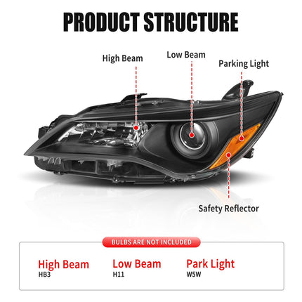 Headlight Assembly for 2015 2016 2017 Camry Black Pair