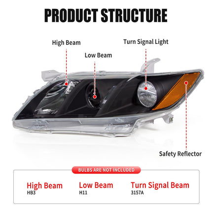Headlight Assembly for 2007 2008 2009 Camry Black Pair