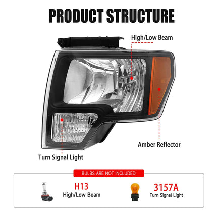 Headlight Assembly for 2009 2010 2011 2012 2013 2014 Ford F150 Pickup, Pair