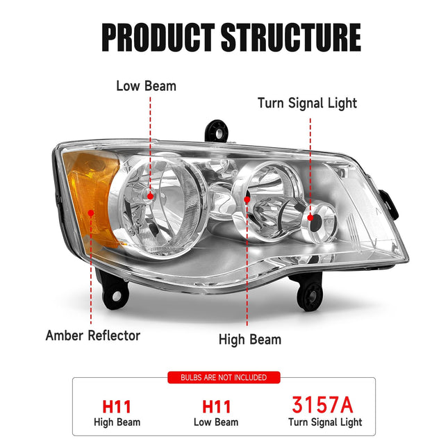 Headlight Assembly for 2011-2020 Dodge Grand Caravan / 08-16 Chrysler Town & Country