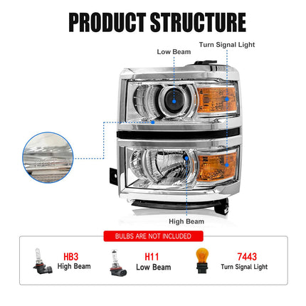 Headlight Assembly for 2014 2015 Silverado Clear Pair